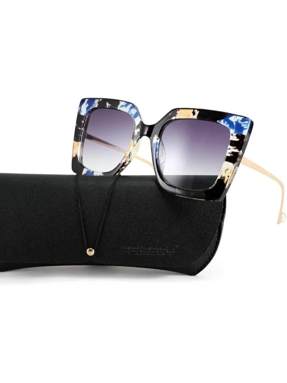 Women's Trendy Square Shades Pearl Inlay Cat Eye UV400 Protection Marble Pattern